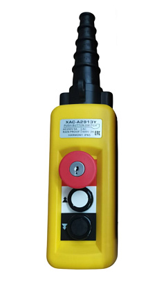 Пульт управления XAC-A2913Y для тали (2 кнопки, 2 скорости, ключ-марка, стоп, IP65, 380В) Пульт управления XAC-A2913Y для тали (2 кнопки, 2 скорости, ключ-марка, стоп, IP65, 380В)