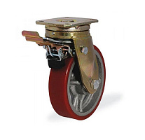 Колесо большегрузное поворотное KAMA 250 мм чугунное/полиуретан с тормозом Колесо большегрузное поворотное KAMA 250 мм чугунное/полиуретан с тормозом